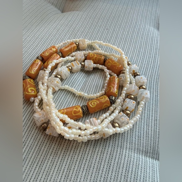 Millefiori Cube & barrel Cream Mustard Orange Art-glass & Seed Bead Necklace - Picture 14 of 14